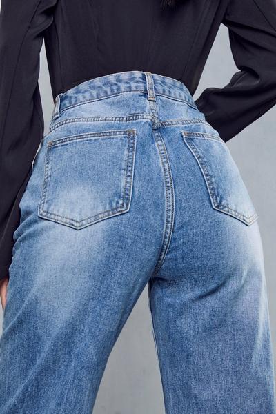 MissPap mid wash Straight Leg Seam Detail Split Front Jean
