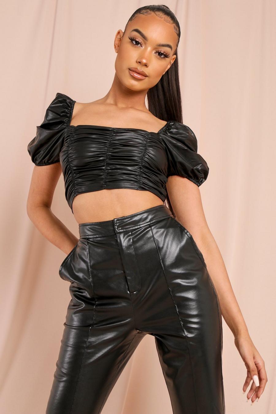 Black Leather Look Extreme Puff Sleeve Crop Top