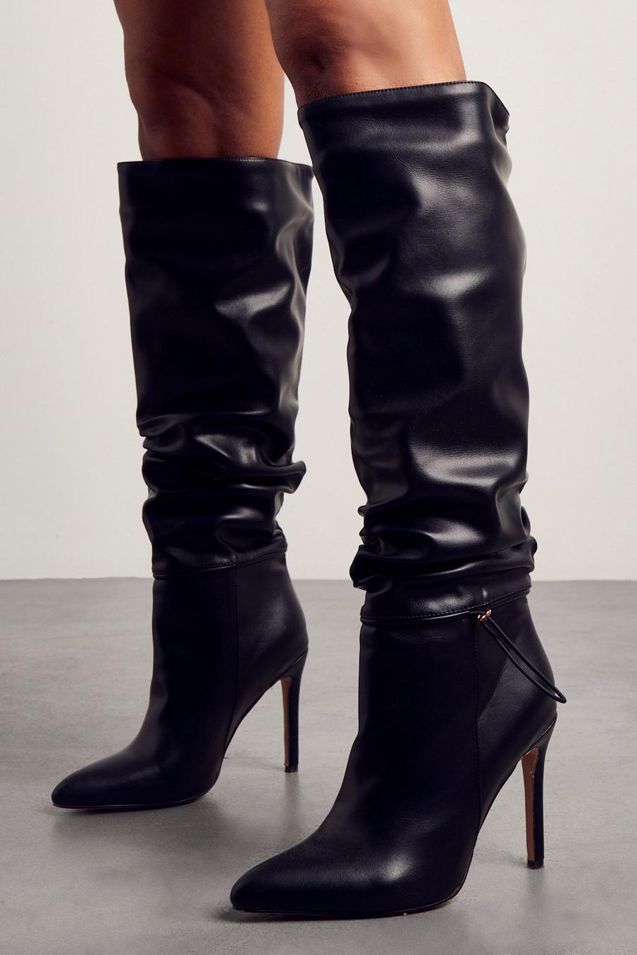 Black Leather Look Knee High Pointed Heeled Boot image number 1