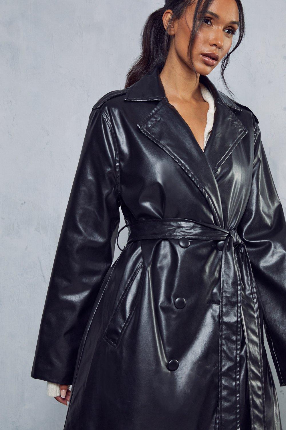 Misspap Leather Look Longline Trench Coat