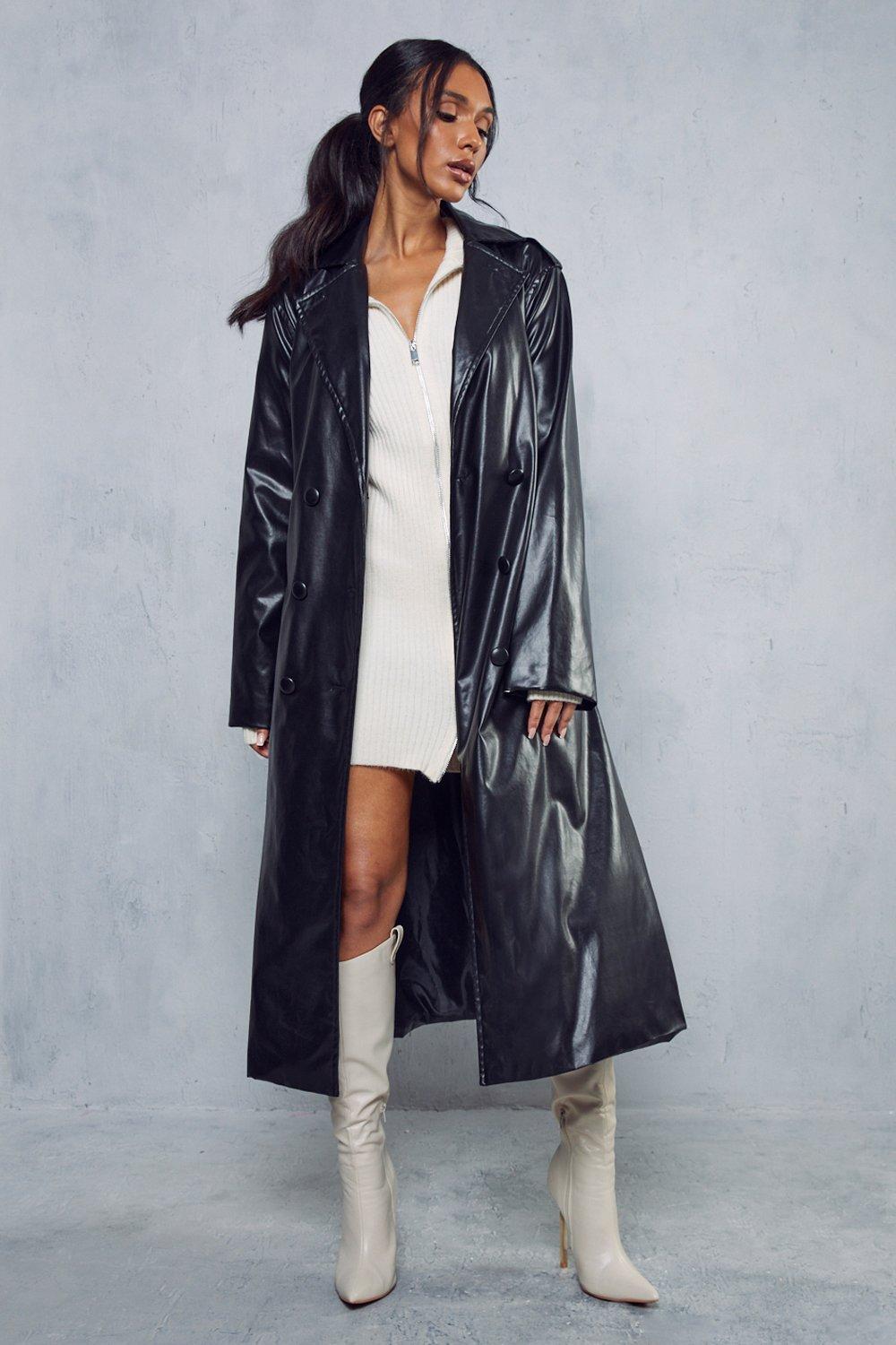 Misse Leather Look Longline Trench Coat boohoo UK