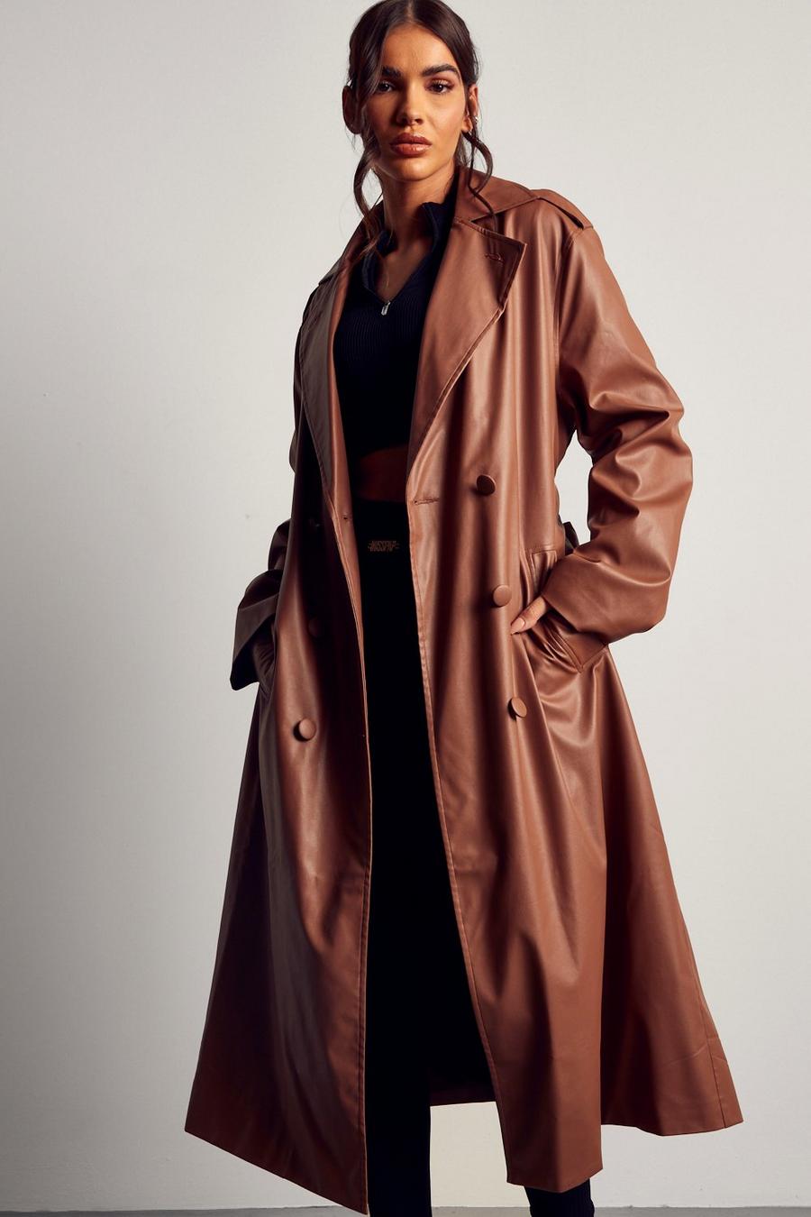 Chocolate Leather Look Longline Trench Coat image number 1