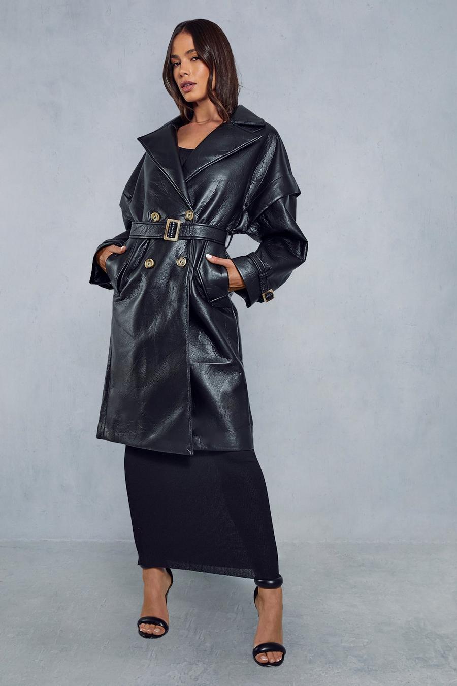 Black Longline Oversized Leather Look Trench Coat image number 1