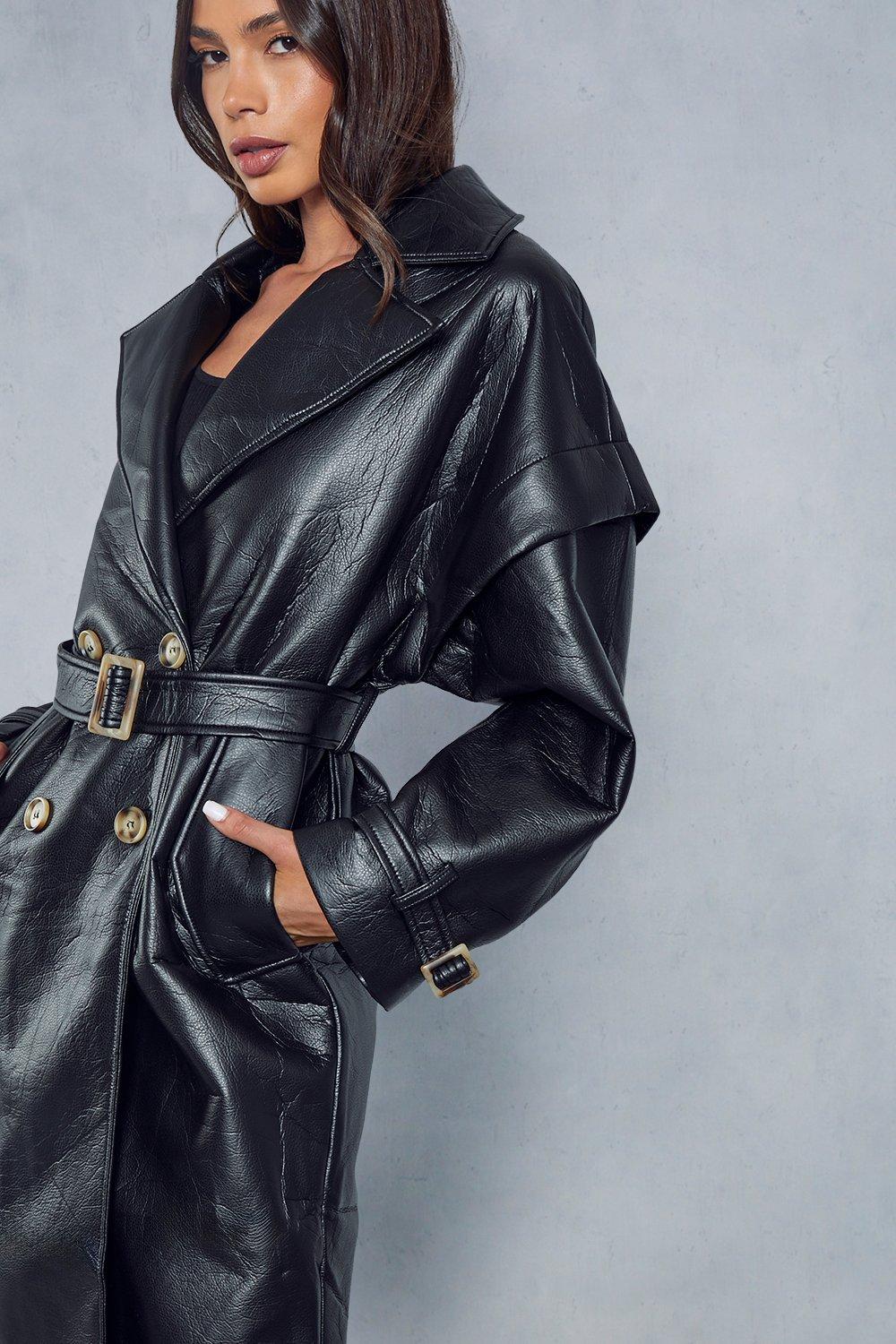 Long patent clearance leather trench coat