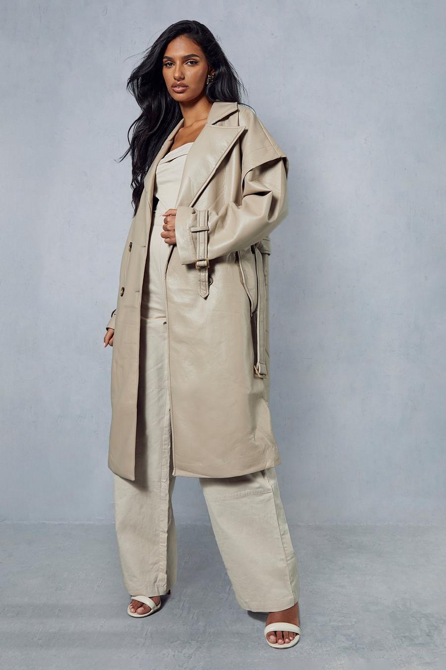 Camel Longline Oversized Leather Look Trench Coat image number 1