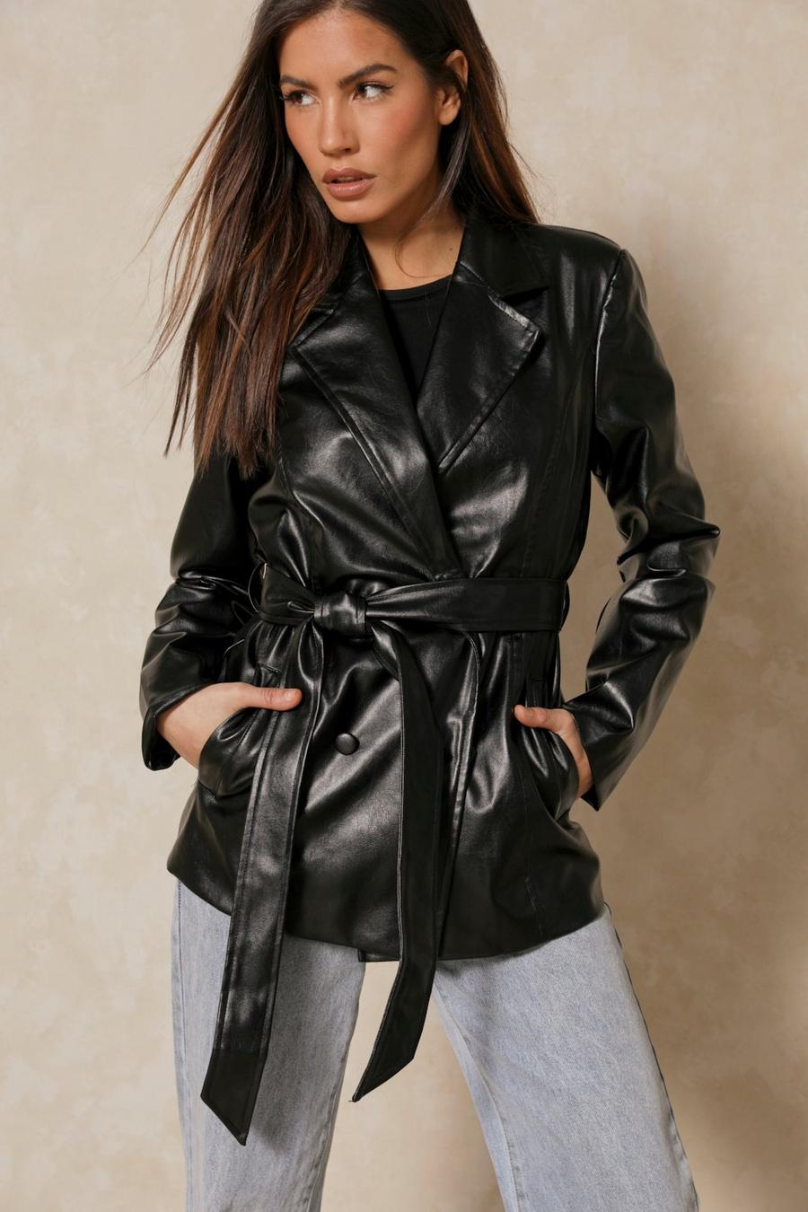 Misspap Oversized Leather Look Belted Jacket | Boohoo UK