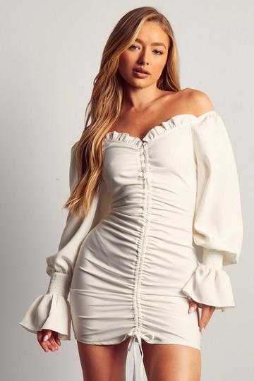 Off the Shoulder Puff Sleeve Ruched Mini Dress white