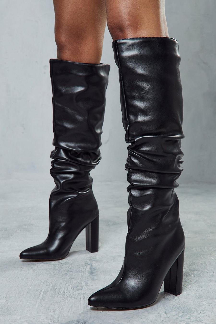 Misspap Leather Look Pointed Heeled Boots | Boohoo UK