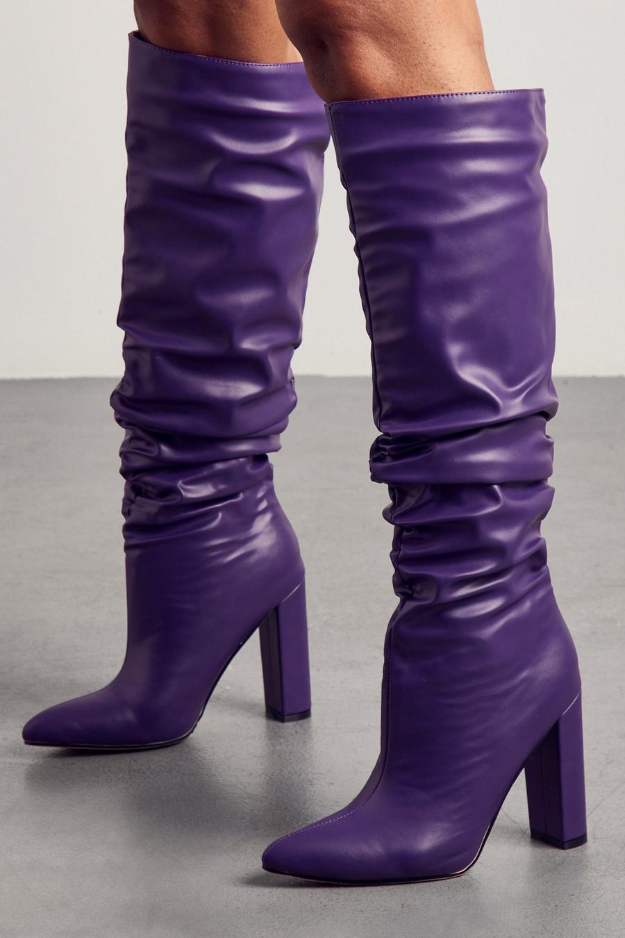 Purple Leather Look Pointed Heeled Boots image number 1