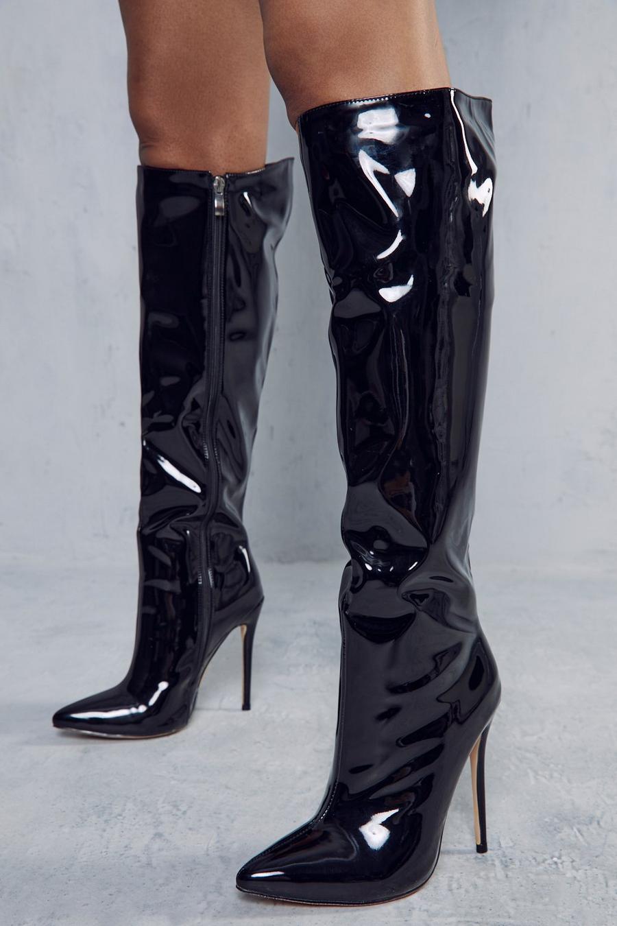 Black Patent Knee High Pointed Heeled Boots image number 1