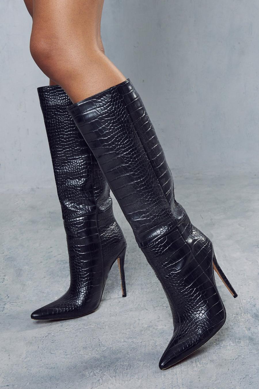 Black Leather Look Croc Print Pointed Heeled Boot image number 1