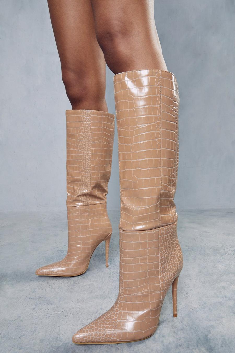 Nude Leather Look Croc Print Pointed Heeled Boot