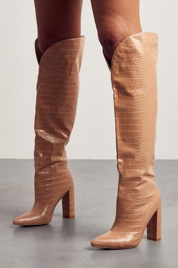 Nude Leather Look Croc Print Block Heel Boots