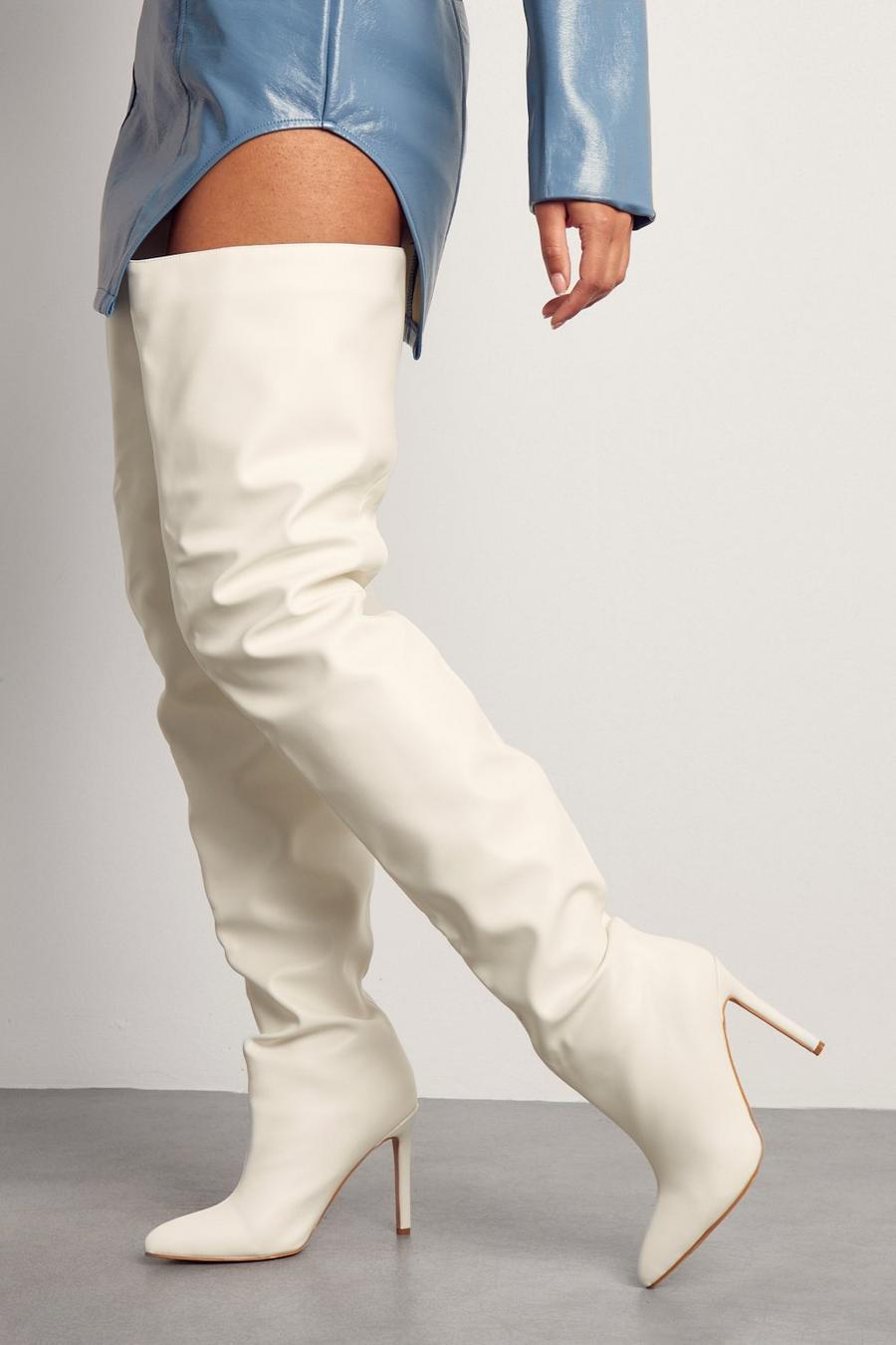 White Thigh High Pointed Heeled Boots image number 1