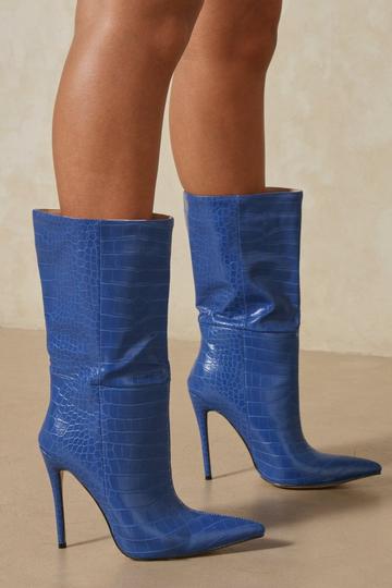 Blue Croc Pointed Heeled Ankle Boots