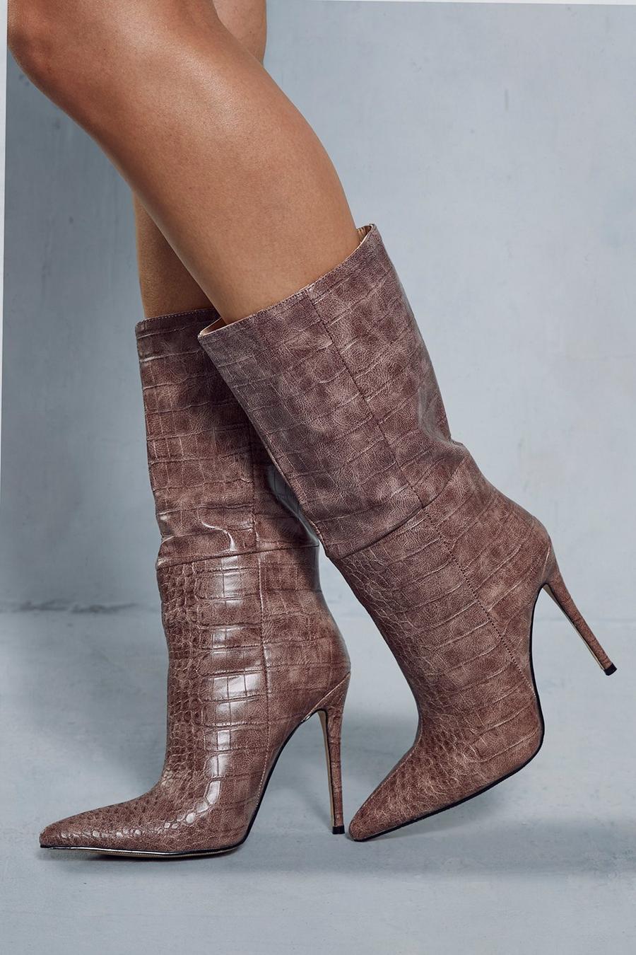 Chocolate Croc Pointed Heeled Ankle Boots