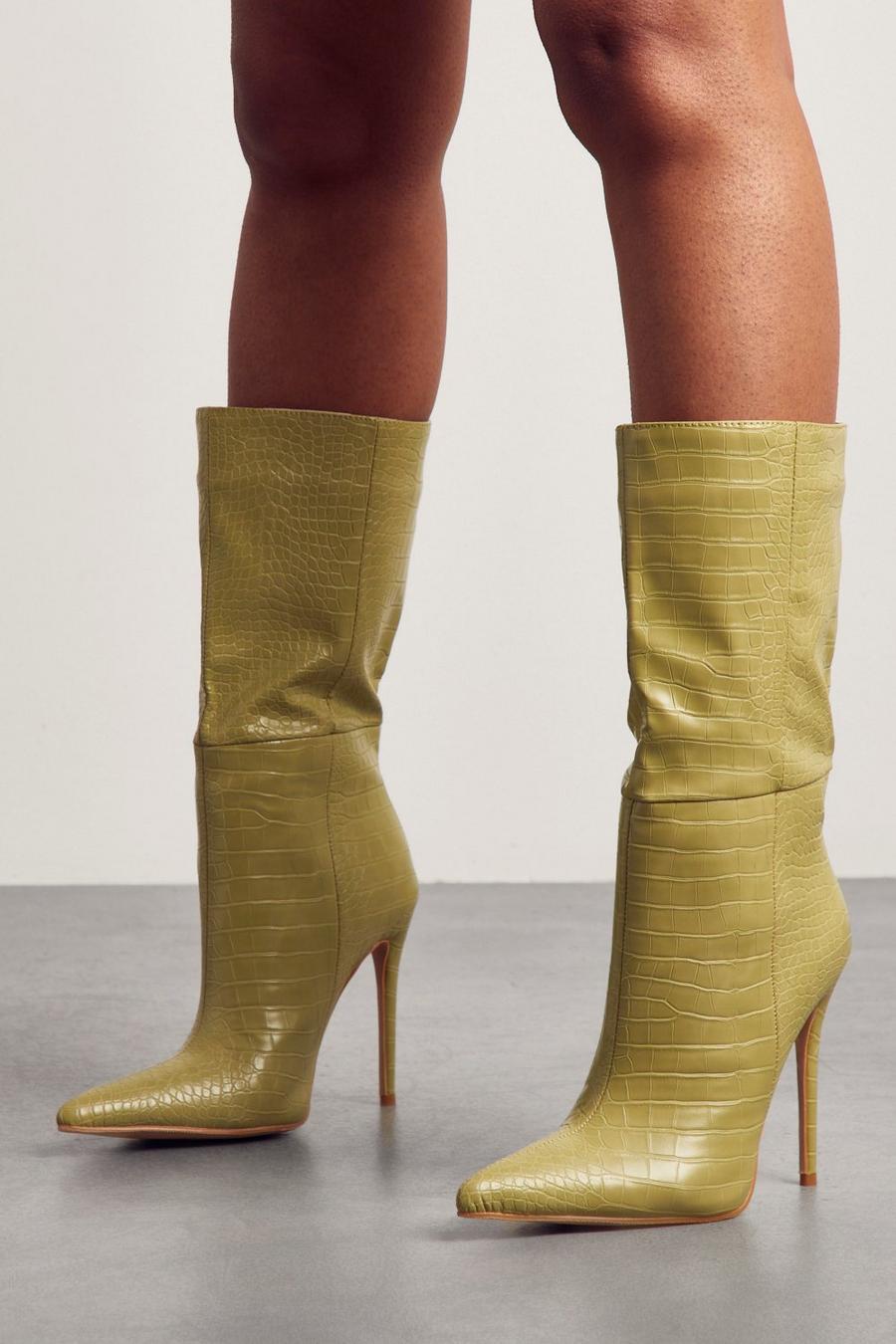 Lime Croc Pointed Heeled Ankle Boots