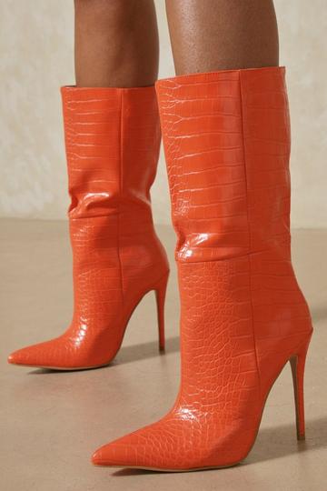 Orange Croc Pointed Heeled Ankle Boots