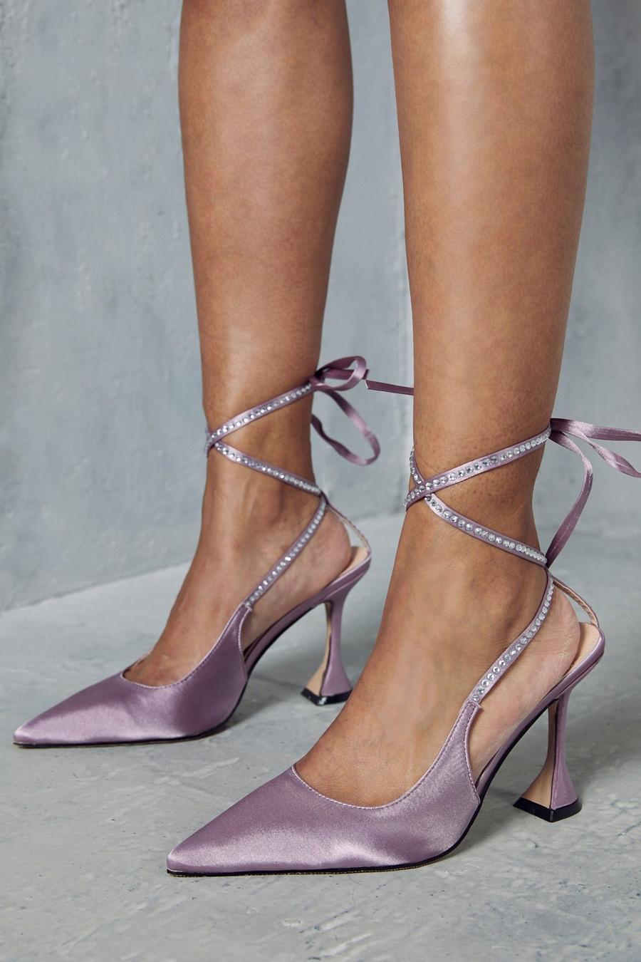 Lilac Satin Diamante Tie Up High Heels image number 1