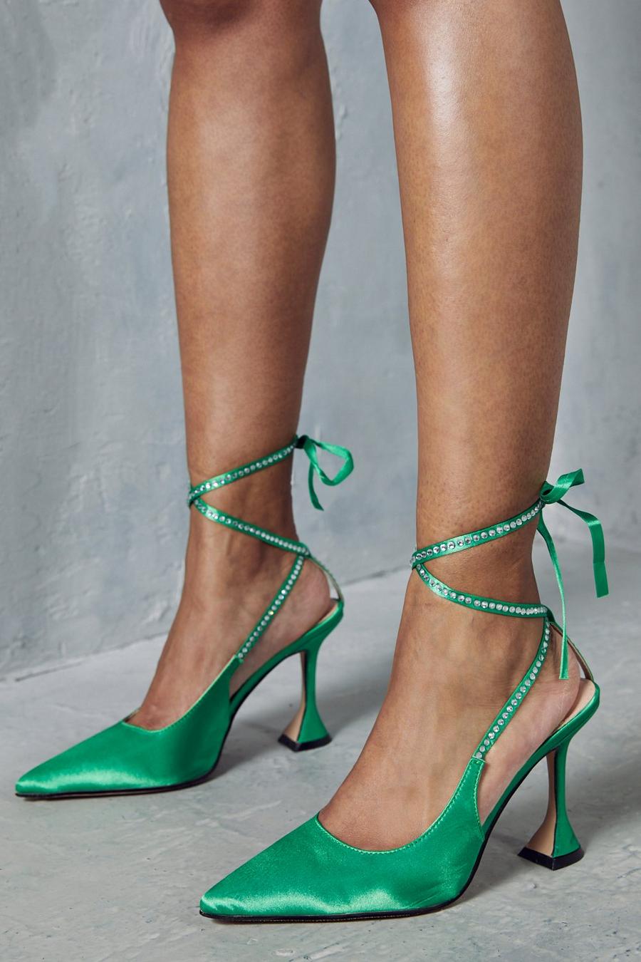 Lime Satin Diamante Tie Up High Heels image number 1