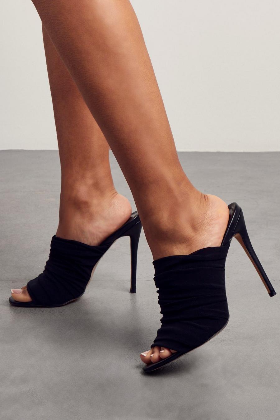 Black Mesh Ruched Heeled Mules