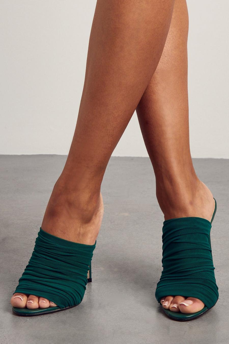 Green Mesh Ruched Heeled Mules image number 1