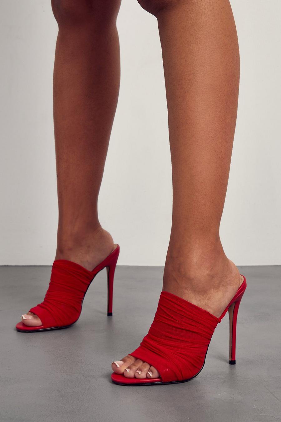 Red Mesh Ruched Heeled Mules image number 1