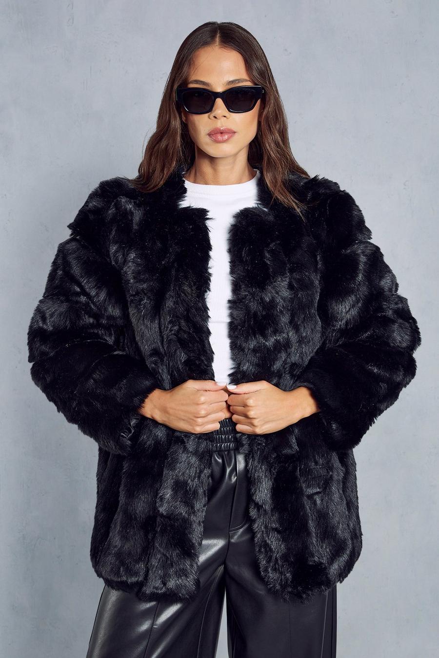 Black Oversized Luxe Panelled Faux Fur Coat image number 1