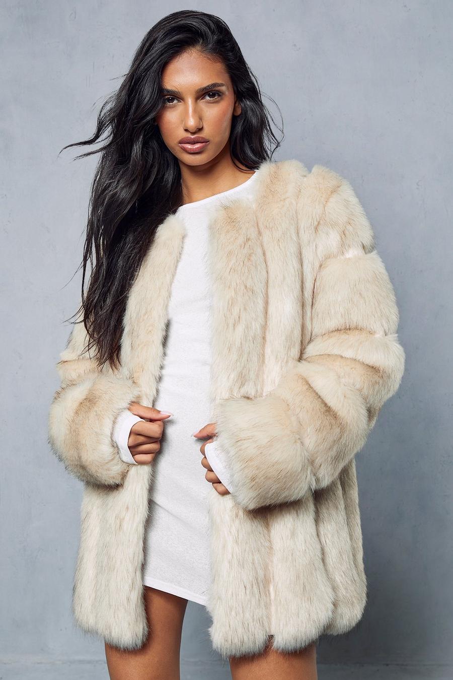 Natural Oversized Luxe Panelled Faux Fur Coat image number 1