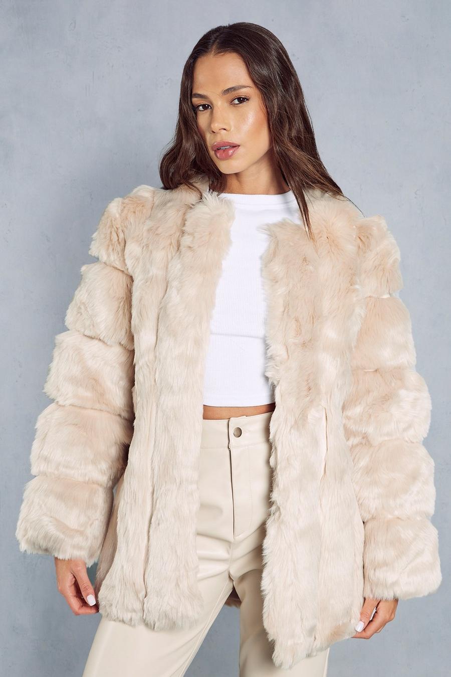 Sand Oversized Luxe Panelled Faux Fur Coat image number 1
