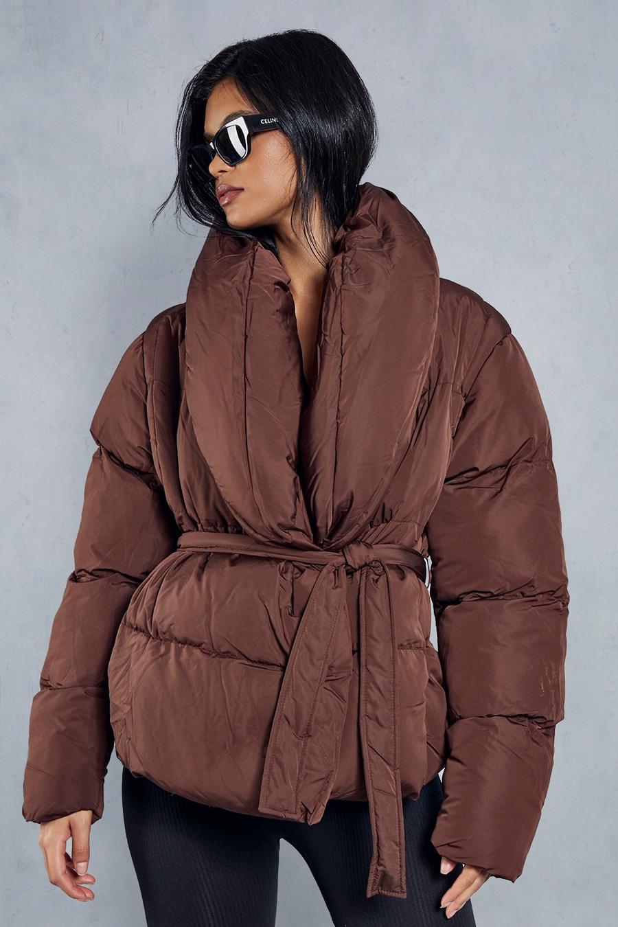 Chocolate Padded Collar Duvet Belted Puffer Coat image number 1