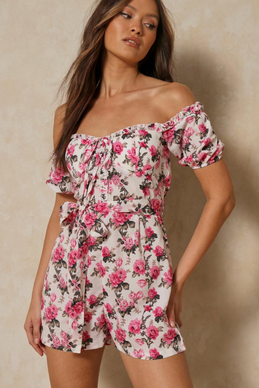White floral puff sleeve tie waist playsuit image number 1
