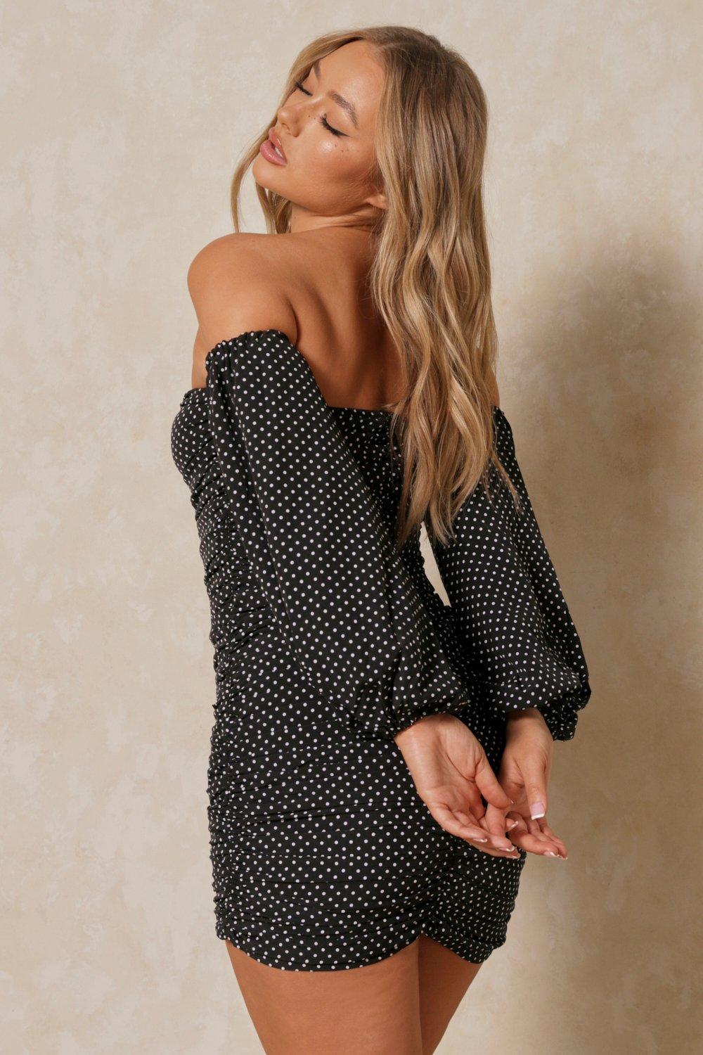 Polka Dot Ruched Balloon Sleeve Bardot Dress