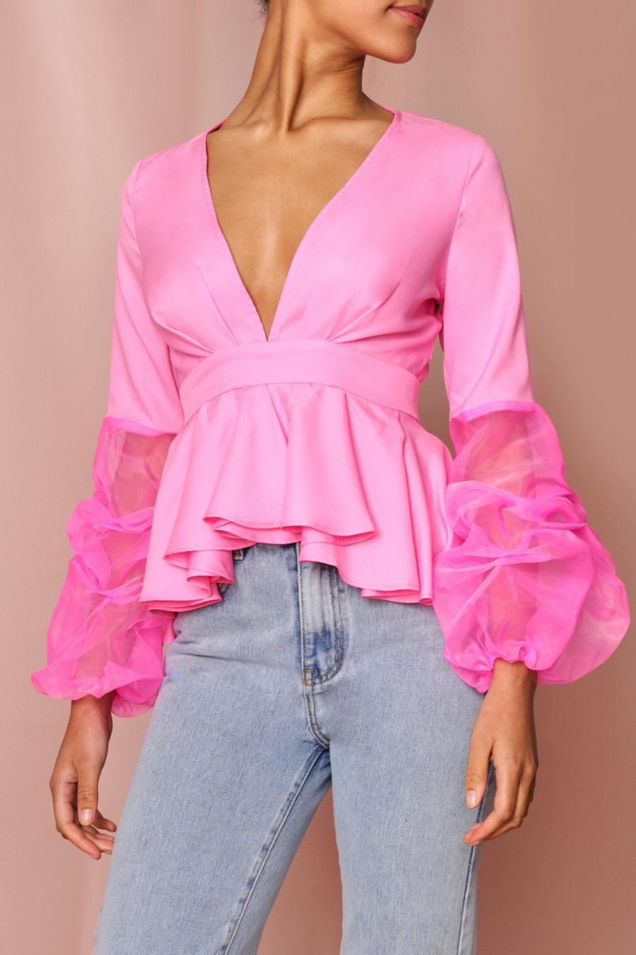 Pink Ruched Organza Sleeve Pleated Plunge Top