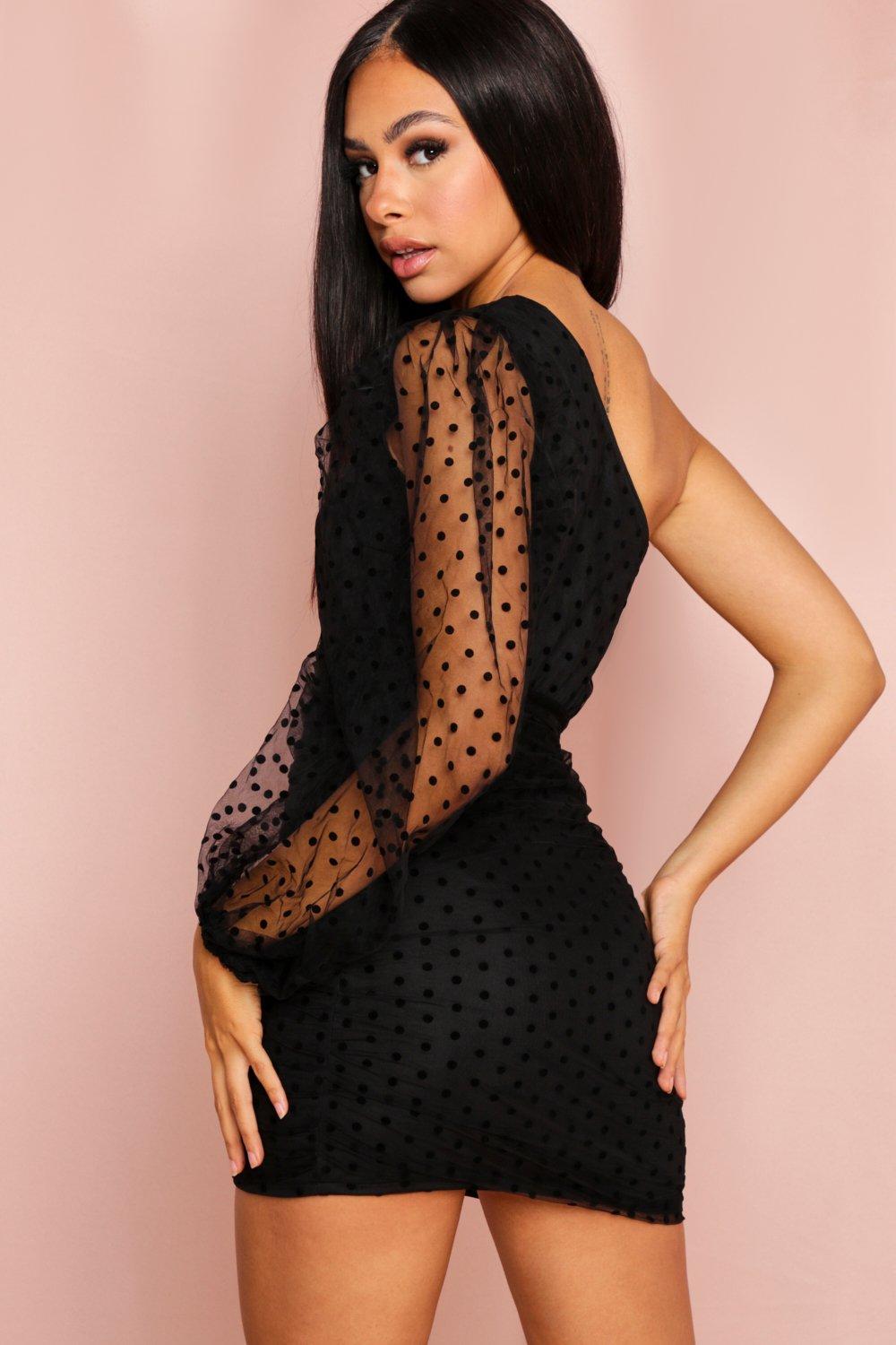 Misspap Polka Dot Mesh Ruched One Shoulder Dress Boohoo UK