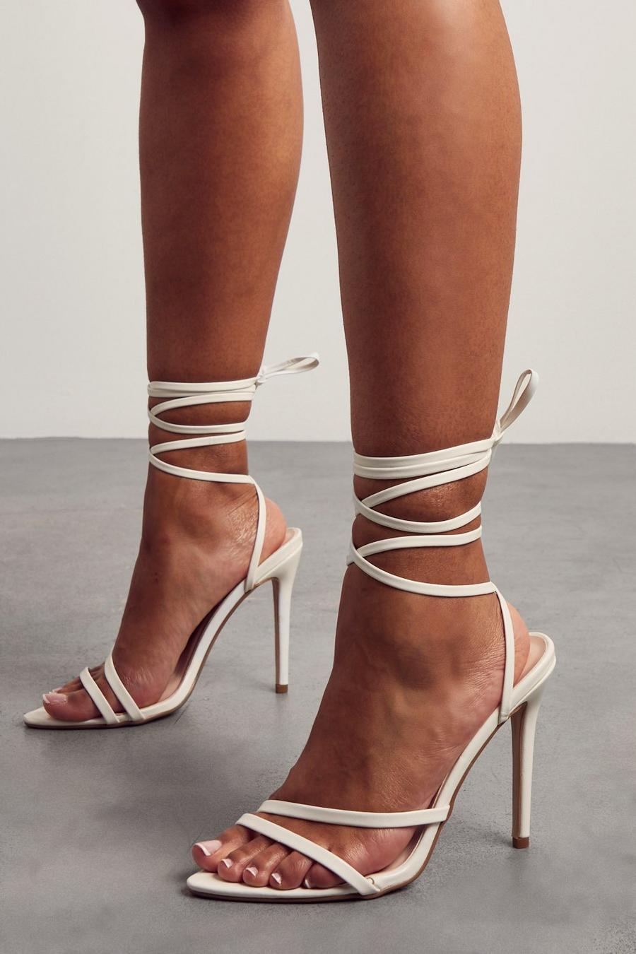 White Strappy Pointed Lace Up High Heels image number 1
