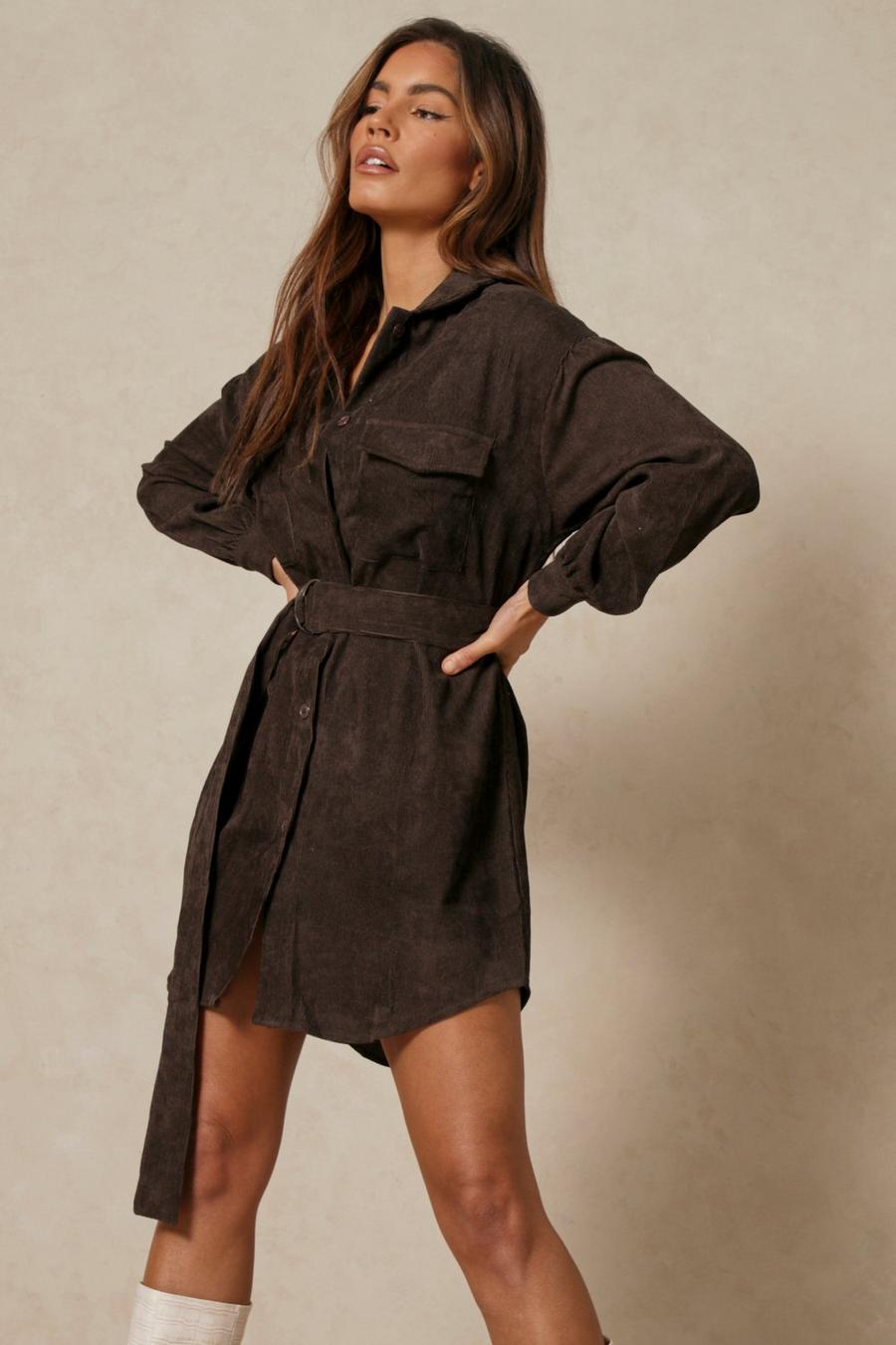 Chocolate Puff Sleeve Belted Cord Dress image number 1