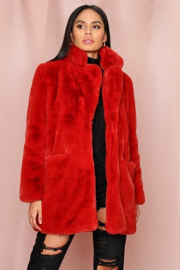 Red Oversized Faux Fur Coat