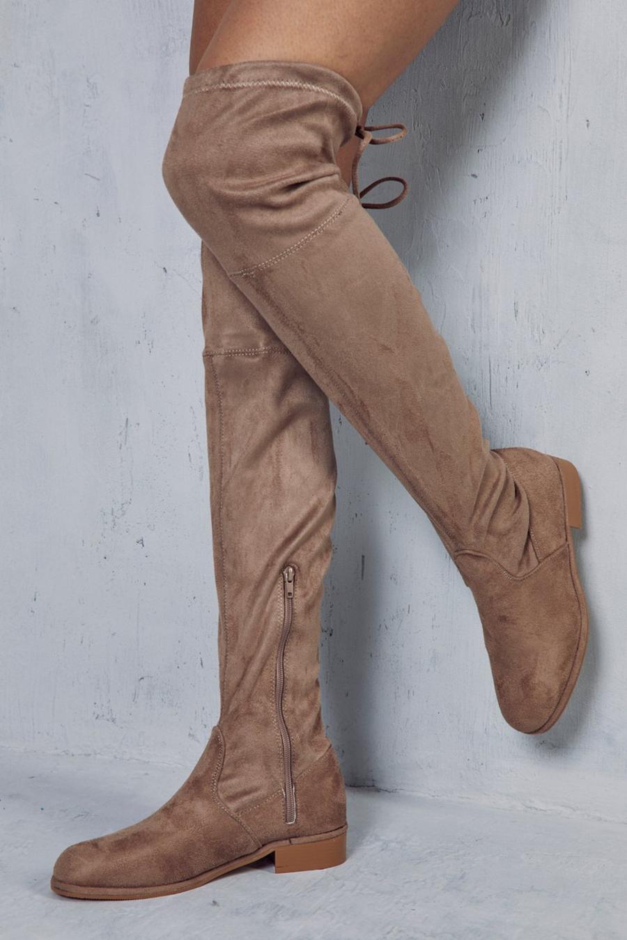 Mocha Tie Back Flat Over The Knee Boots image number 1