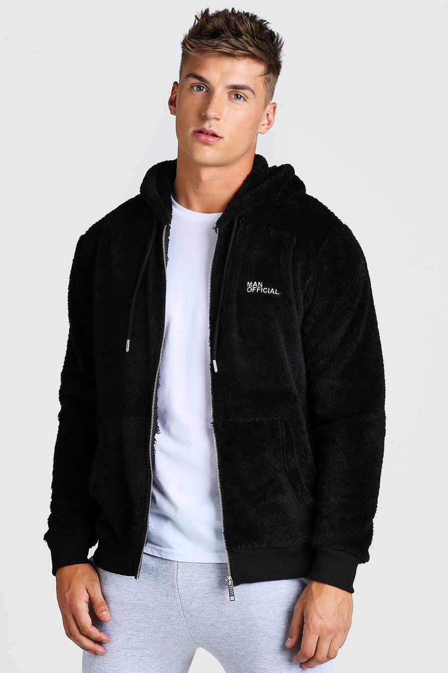 Sweat à capuche zippé imitation laine de mouton - Official MAN, Black image number 1