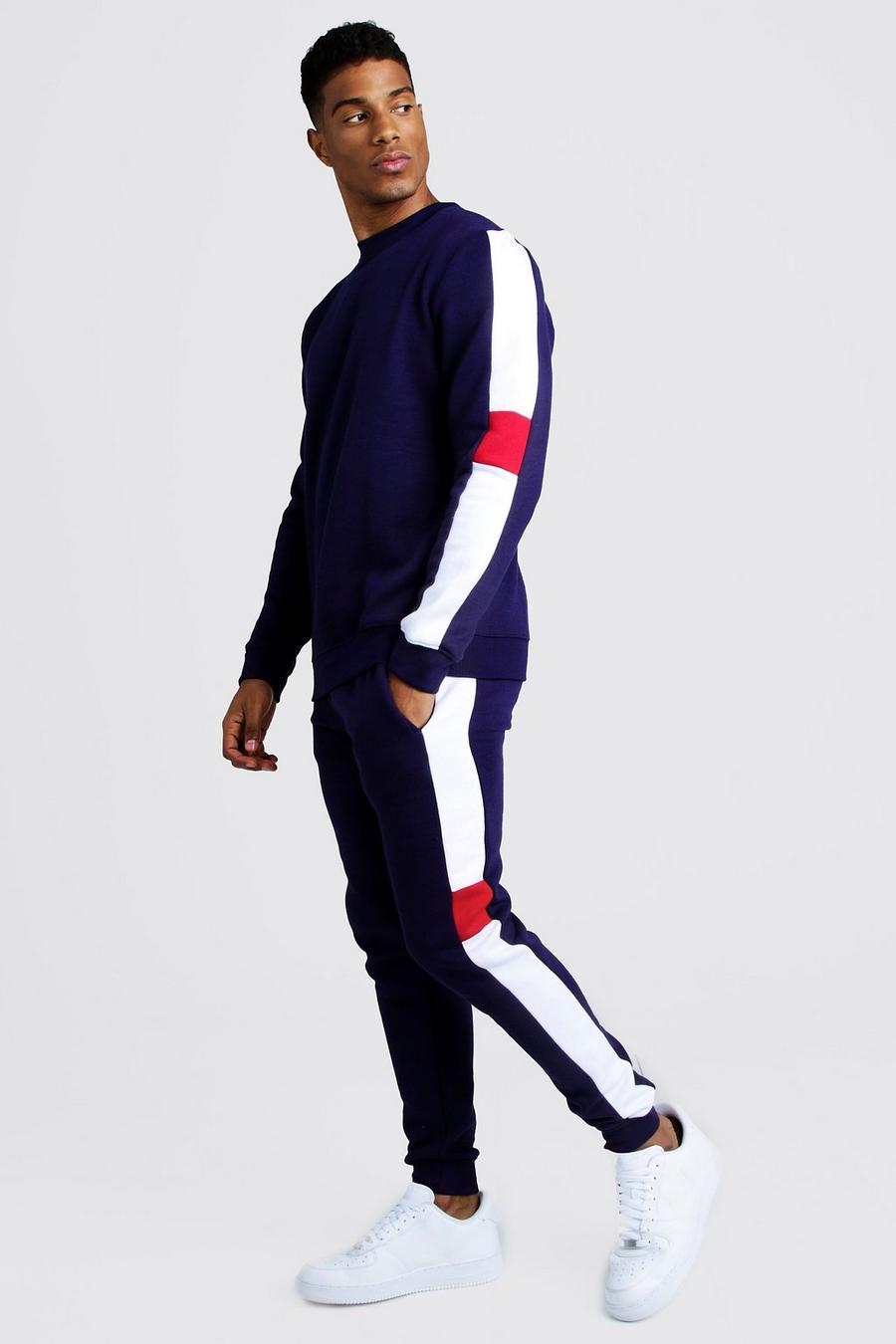 Navy Sweater Tracksuit With Contrast Side Panels image number 1