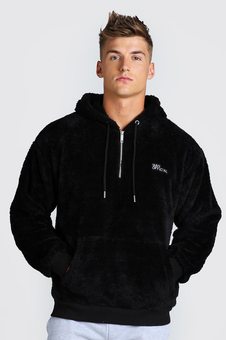 Black MAN Official Oversize hoodie i teddy med kort dragkedja image number 1