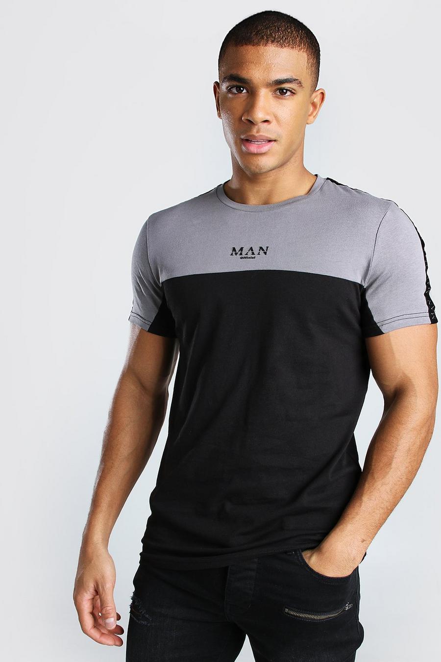 Black MAN Roman T-shirt i muscle fit med blockfärger och kantband image number 1