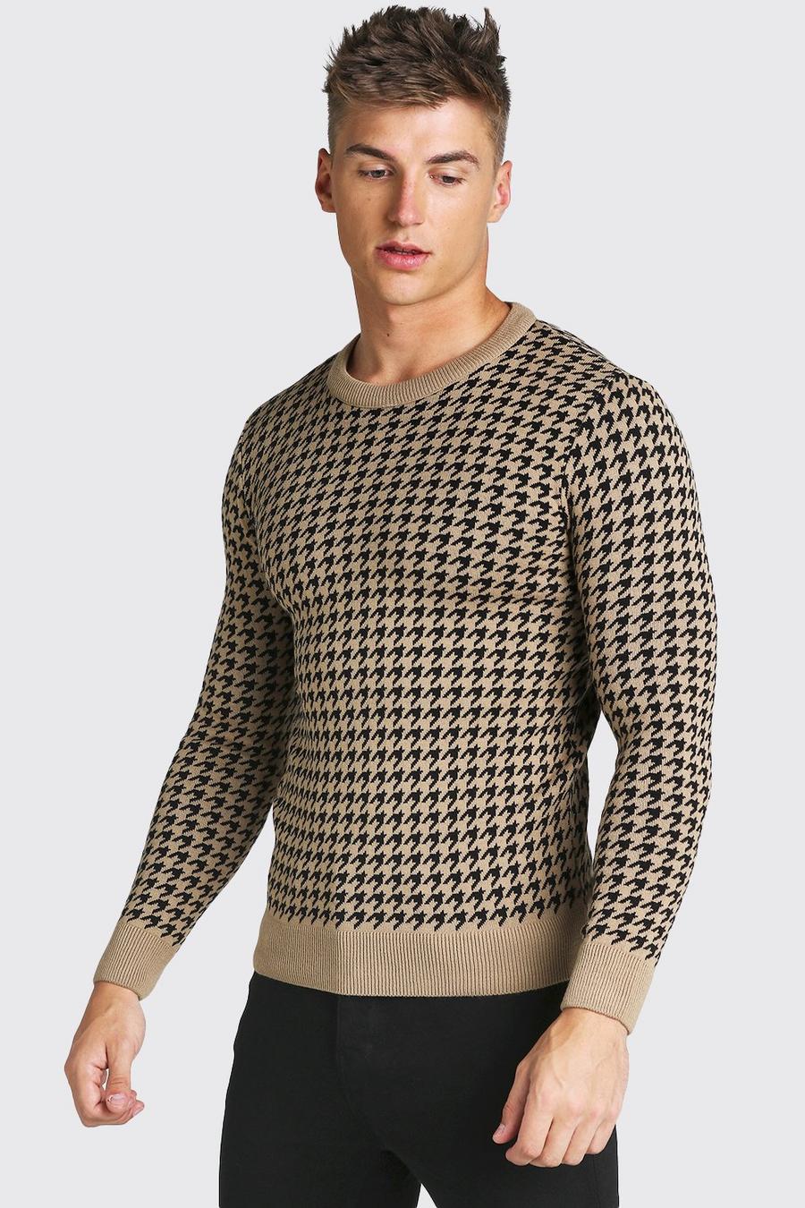 Taupe Muscle Fit Dogtooth Trui Met Crewneck image number 1