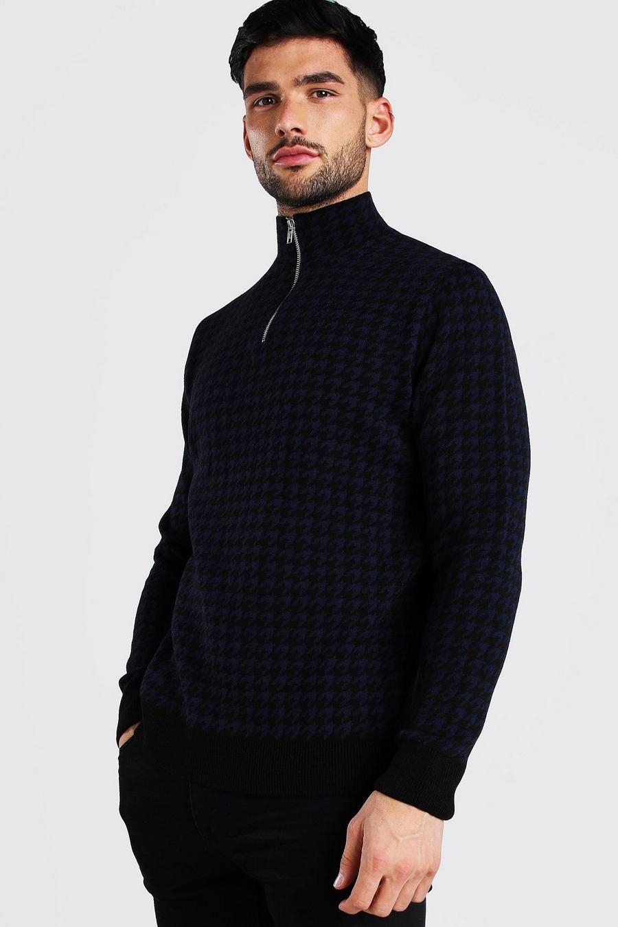 Black Half Zip Dogtooth Knitted Sweater image number 1