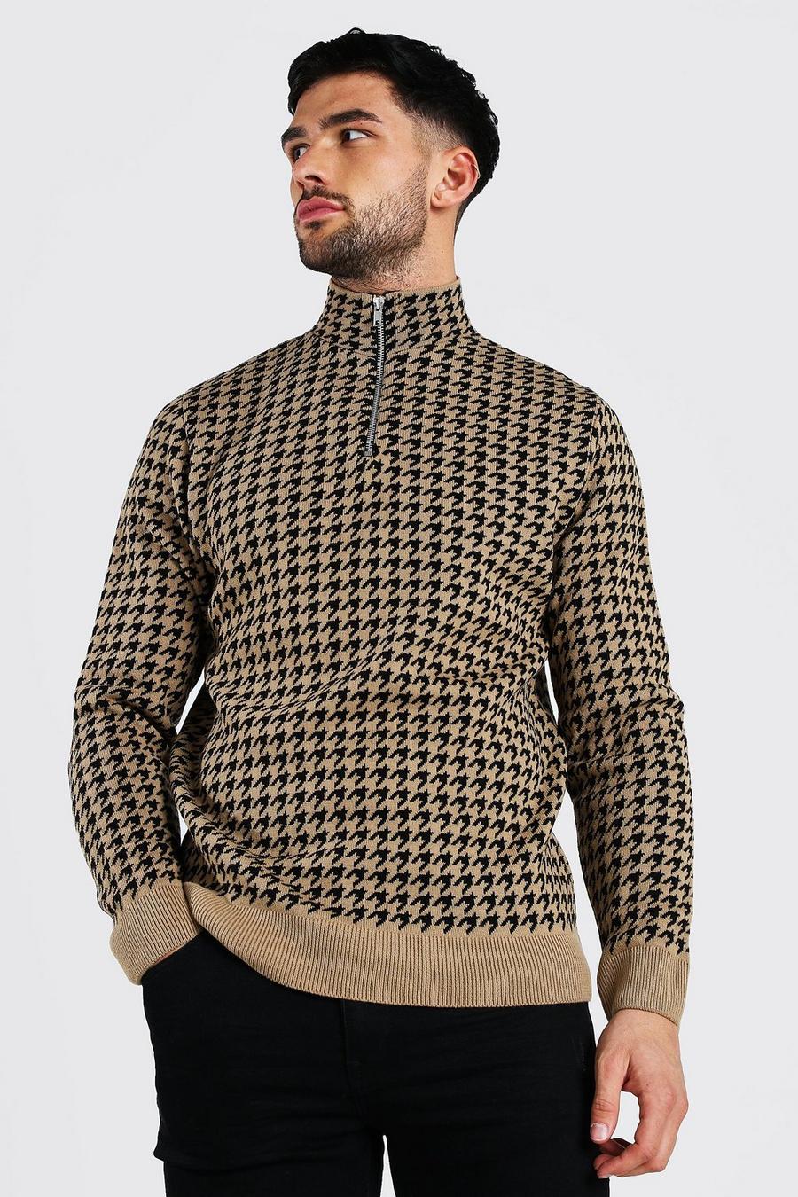 Taupe Half Zip Dogtooth Knitted Jumper image number 1