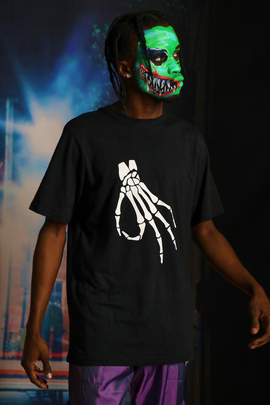 Zwart Oversized Halloween Skelet Hand T-Shirt image number 1