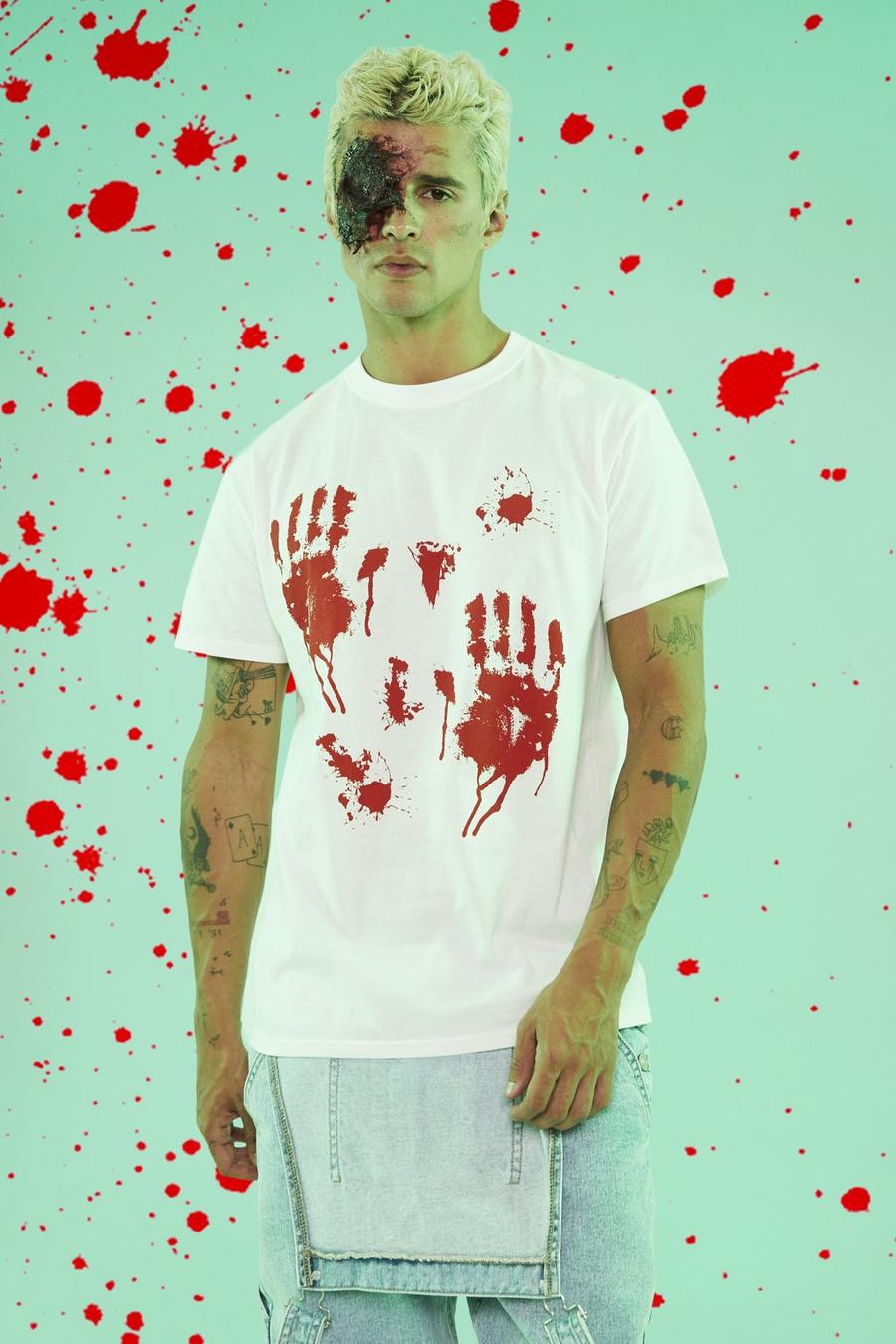 White blanc Halloween Blood Hands Print T-Shirt image number 1