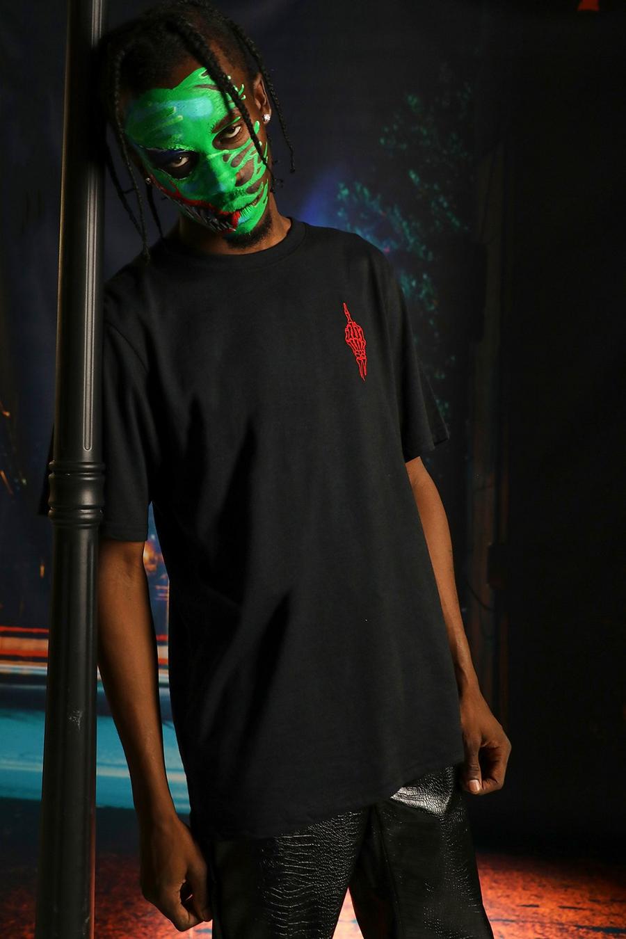 T-shirt avec broderie main squelettique - Halloween, Noir image number 1