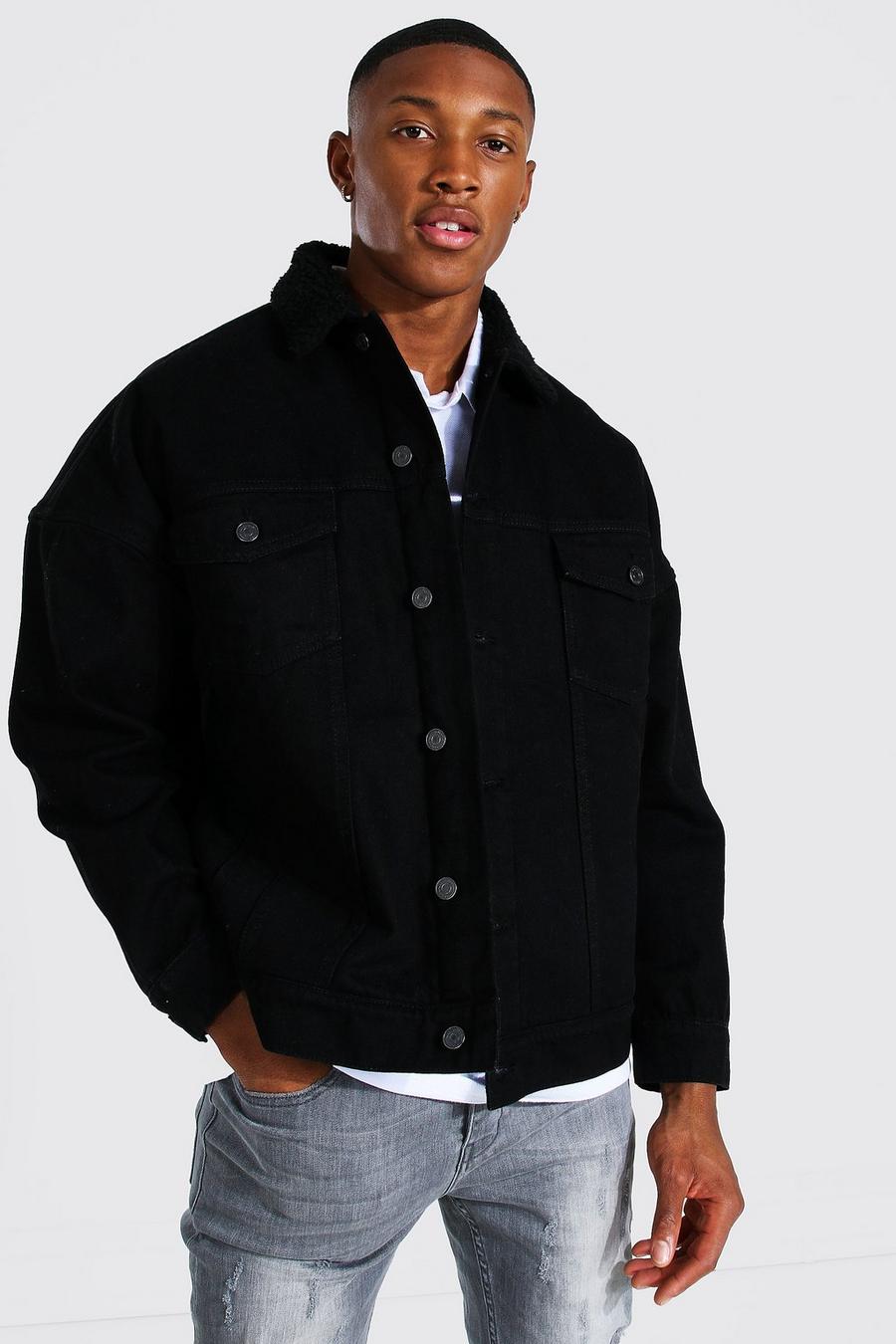 True black Oversized Borg Lined Denim Jacket image number 1